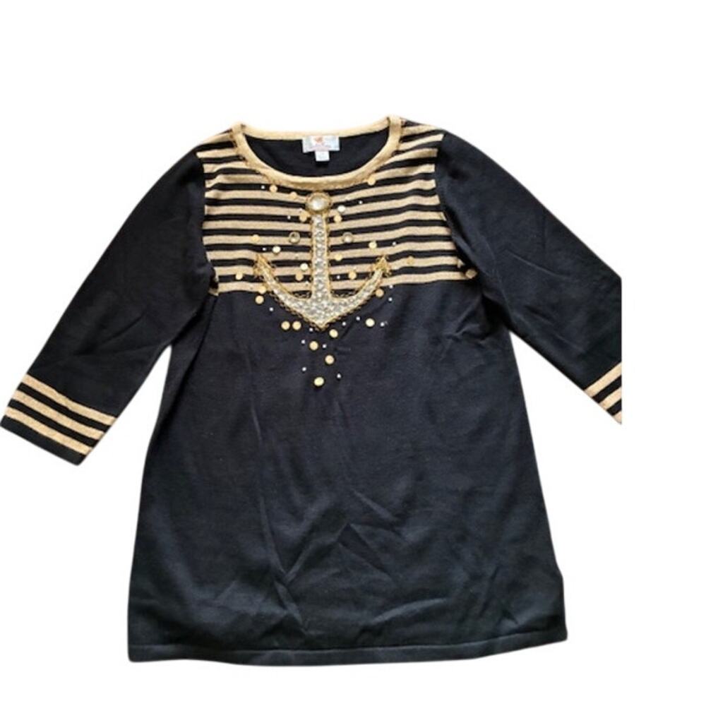 Quacker Factory Shirt Womens XS Black Gold Striped‎ Anchor Nautical Sequin Top